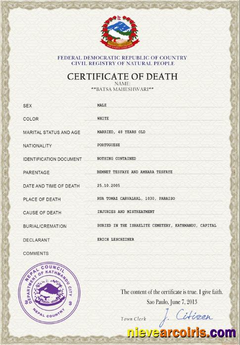 Editable Nepal Vital Record Death Certificate PSD Template
