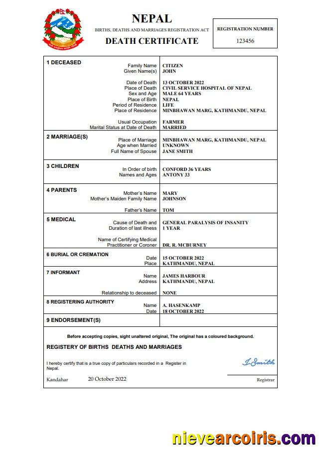 Professional Nepal Vital Record Death Certificate Word And PDF Template