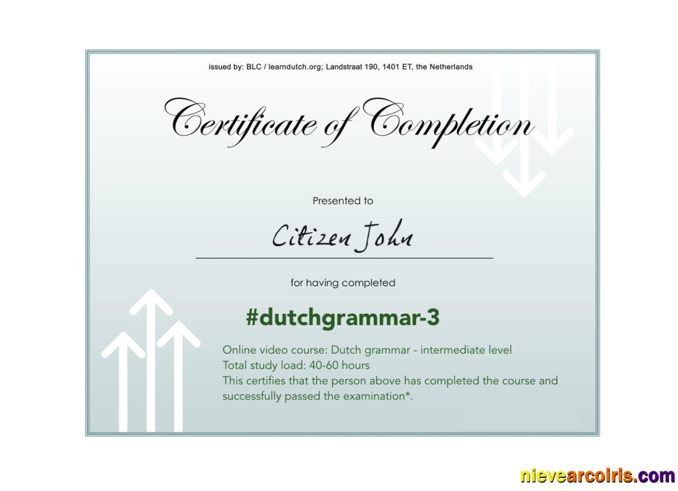 Netherlands Language Grammar Certificate Of Completion PSD Sample, Completely Editable Preview