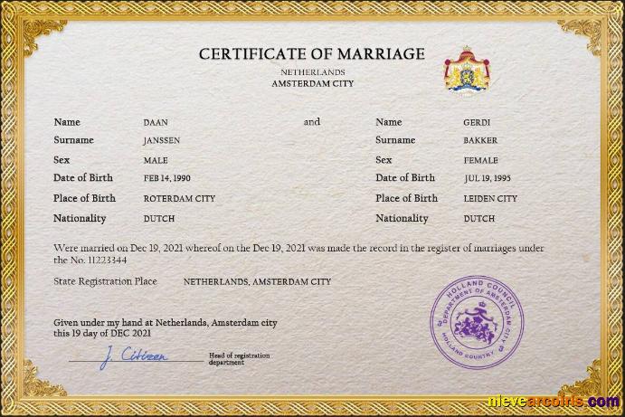 Professional Netherlands Marriage Certificate PSD Template