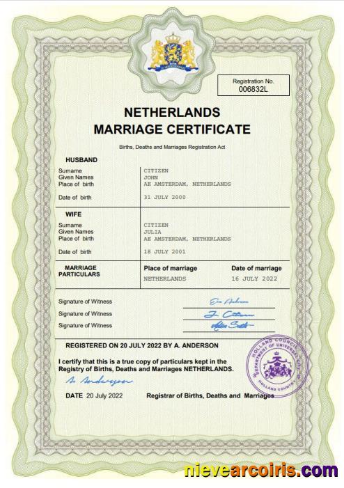 Editable Netherlands Marriage Certificate Word And PDF Template