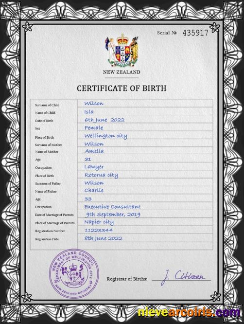 Realistic New Zealand Birth Certificate PSD Template