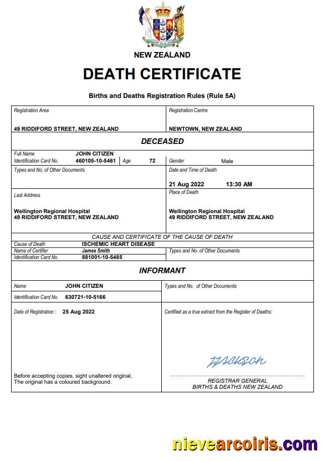 Realistic New Zealand Death Certificate Word And PDF Template