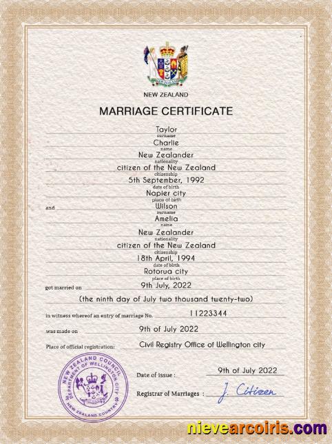 Professional New Zealand Marriage Certificate PSD Template