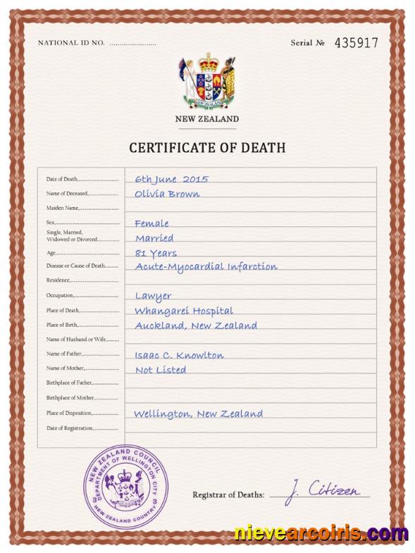 Editable New Zealand Vital Record Death Certificate PSD Template