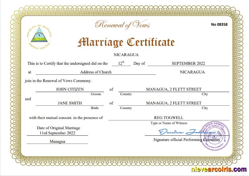 Editable Nicaragua Marriage Certificate Word And PDF Template