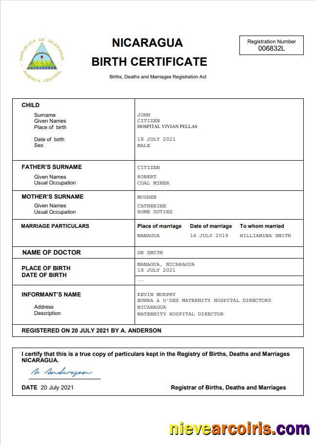 Realistic Nicaragua Vital Record Birth Certificate Word And PDF Template