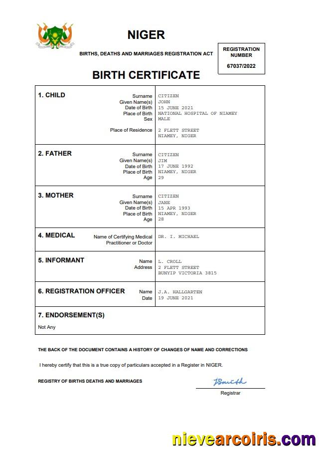 Realistic Niger Birth Certificate Word And PDF Template