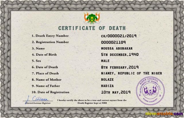 Premium Niger Death Certificate PSD Template