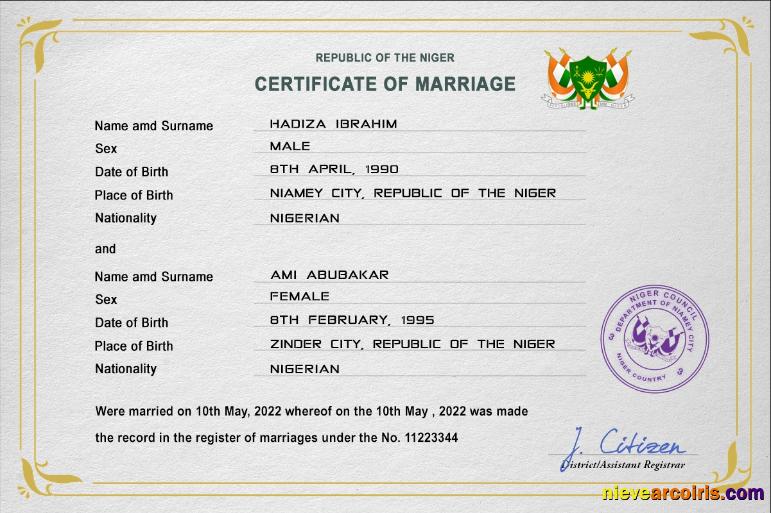 Professional Niger Marriage Certificate PSD Template