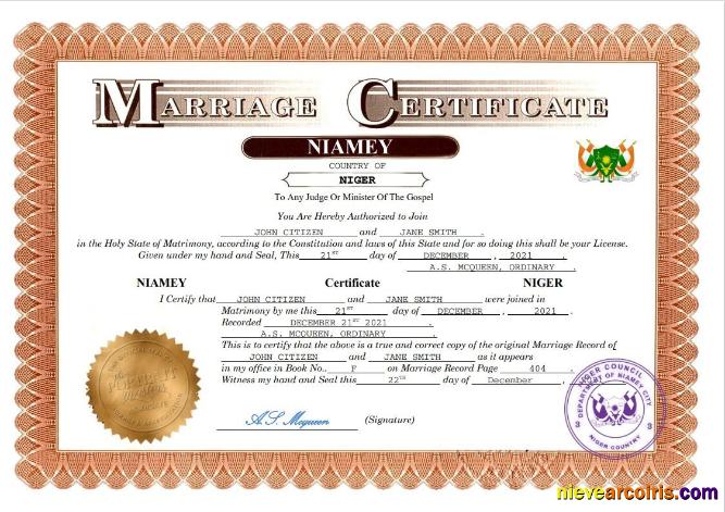 Realistic Niger Marriage Certificate Word And PDF Template