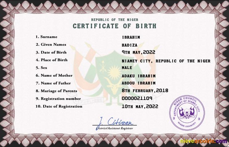 Premium Niger Vital Record Birth Certificate PSD Template