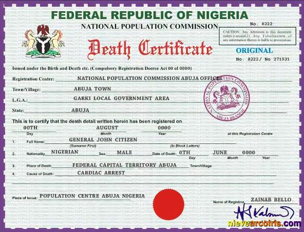 Realistic Nigeria Vital Record Death Certificate PSD Template, Version 2