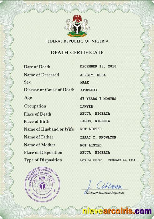 Premium Nigeria Vital Record Death Certificate PSD Template