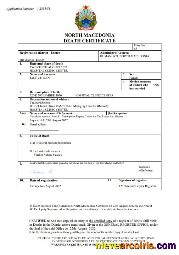 Premium North Macedonia Death Certificate Word And PDF Template