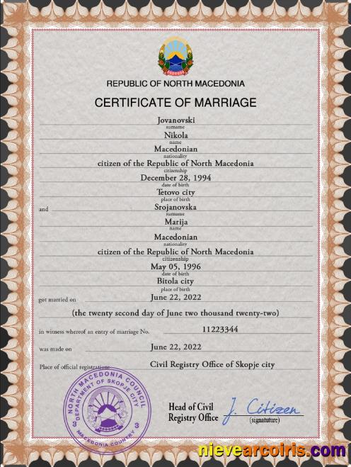 Professional North Macedonia Marriage Certificate PSD Template