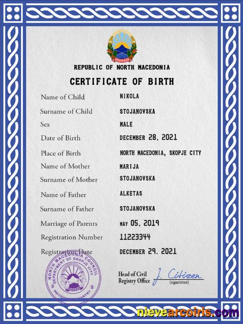 Editable North Macedonia Vital Record Birth Certificate PSD Template