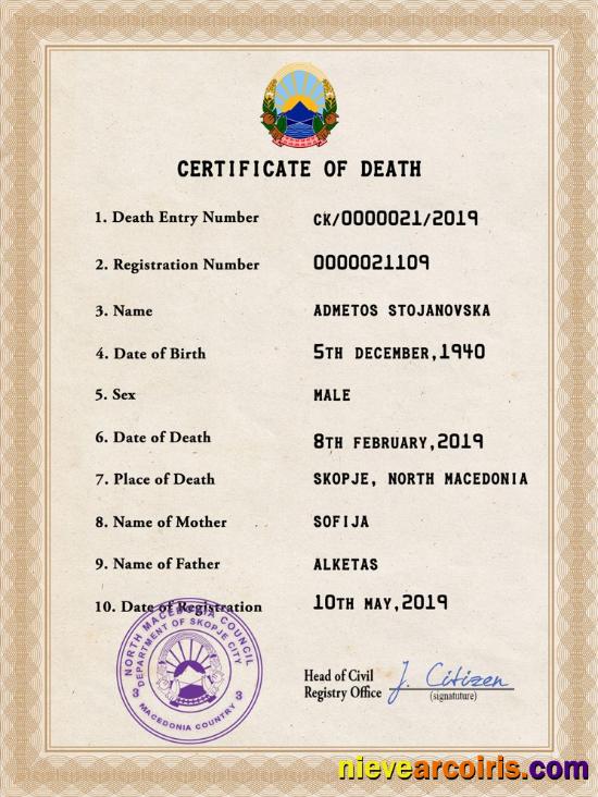 Realistic North Macedonia Vital Record Death Certificate PSD Template