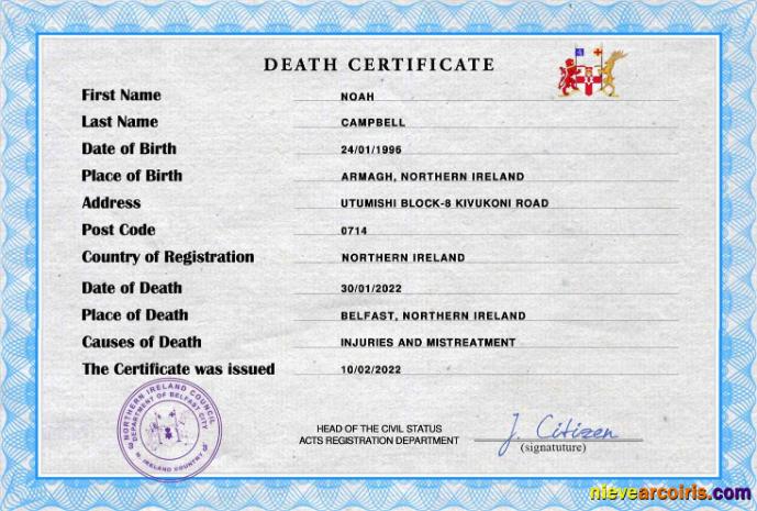 Premium Northern Ireland Death Certificate PSD Template