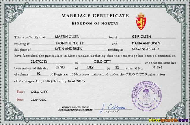 Professional Norway Marriage Certificate PSD Template