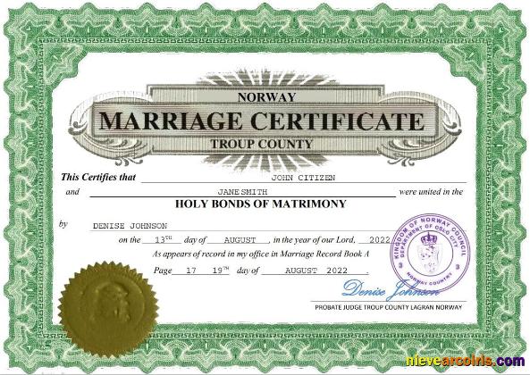 Realistic Norway Marriage Certificate Word And PDF Template