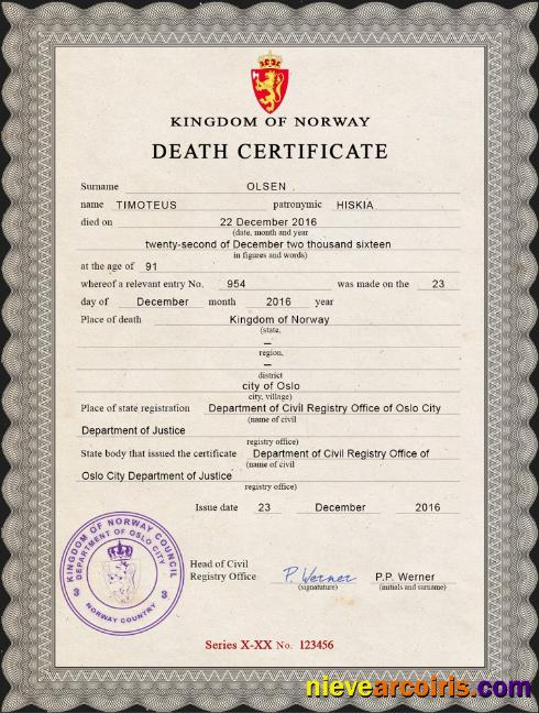 Professional Norway Vital Record Death Certificate PSD Template
