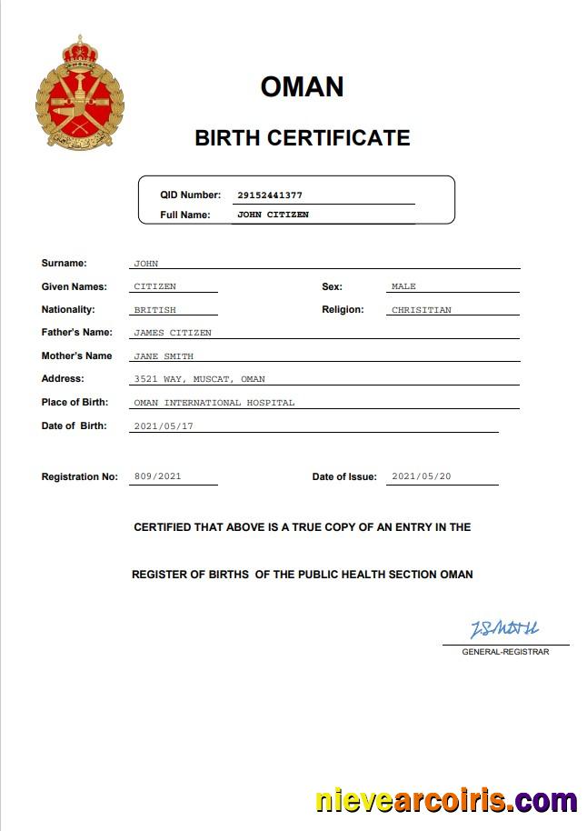 Editable Oman Birth Certificate Word And PDF Template