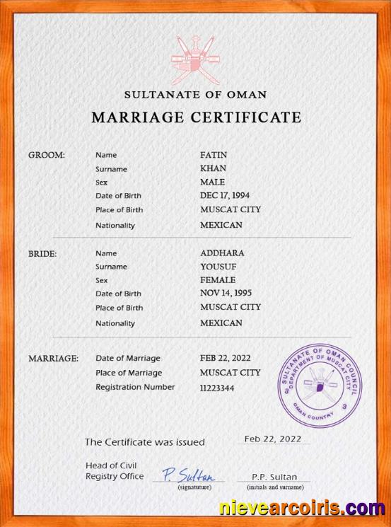 Realistic Oman Marriage Certificate PSD Template