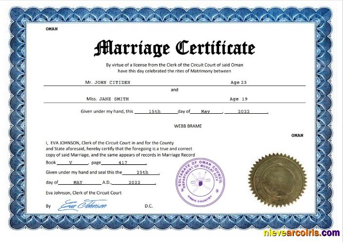 Realistic Oman Marriage Certificate Word And PDF Template