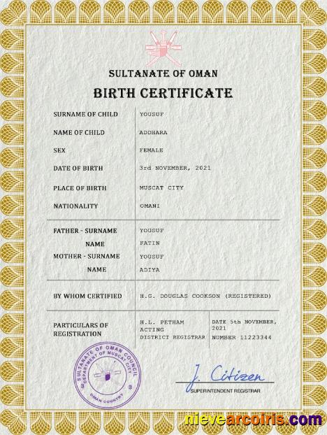 Professional Oman Vital Record Birth Certificate PSD Template
