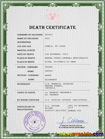 Professional Oman Vital Record Death Certificate PSD Template