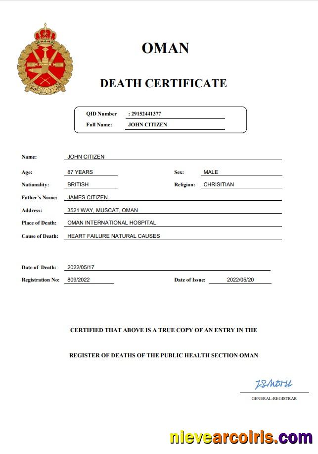 Professional Oman Vital Record Death Certificate Word And PDF Template