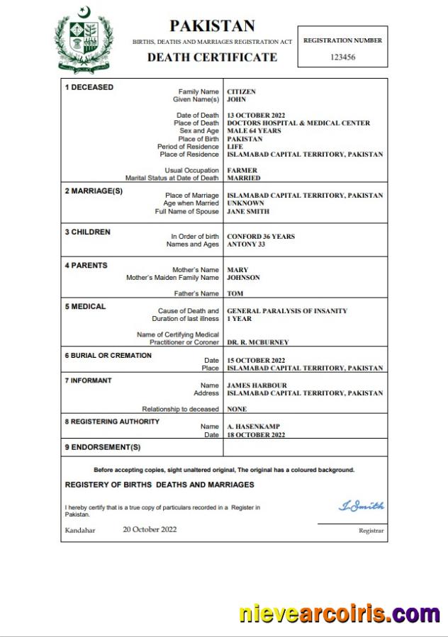 Editable Pakistan Death Certificate Word And PDF Template
