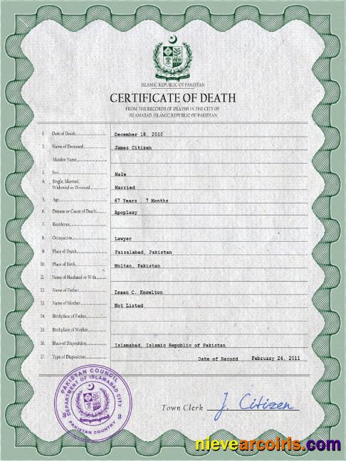 Premium Pakistan Vital Record Death Certificate PSD Template