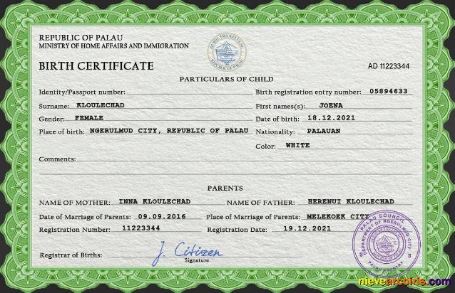 Professional Palau Birth Certificate PSD Template