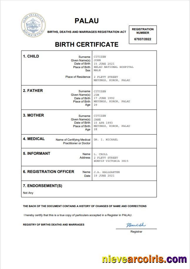 Premium Palau Birth Certificate Word And PDF Template