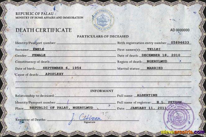 Premium Palau Death Certificate PSD Template