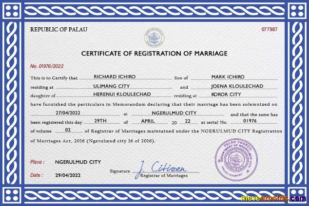 Premium Palau Marriage Certificate PSD Template