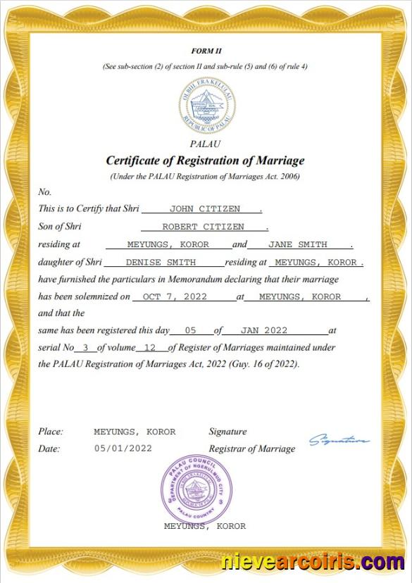 Realistic Palau Marriage Certificate Word And PDF Template