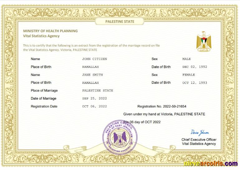 Palestine State Marriage Certificate Sample