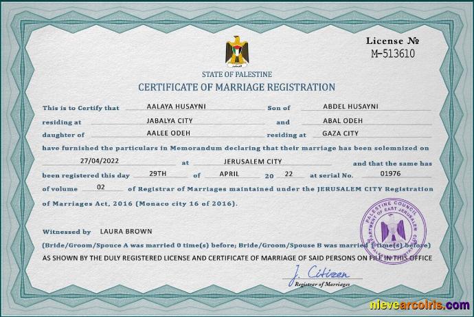 Professional Palestine Marriage Certificate PSD Template