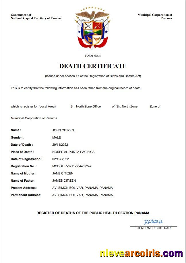 Professional Panama Death Certificate Word And PDF Template