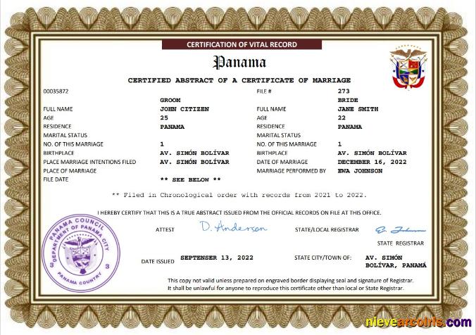 Realistic Panama Marriage Certificate Word And PDF Template