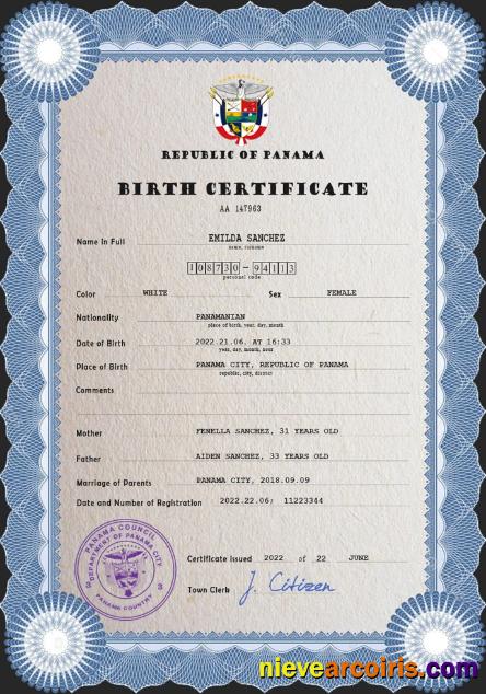 Realistic Panama Vital Record Birth Certificate PSD Template