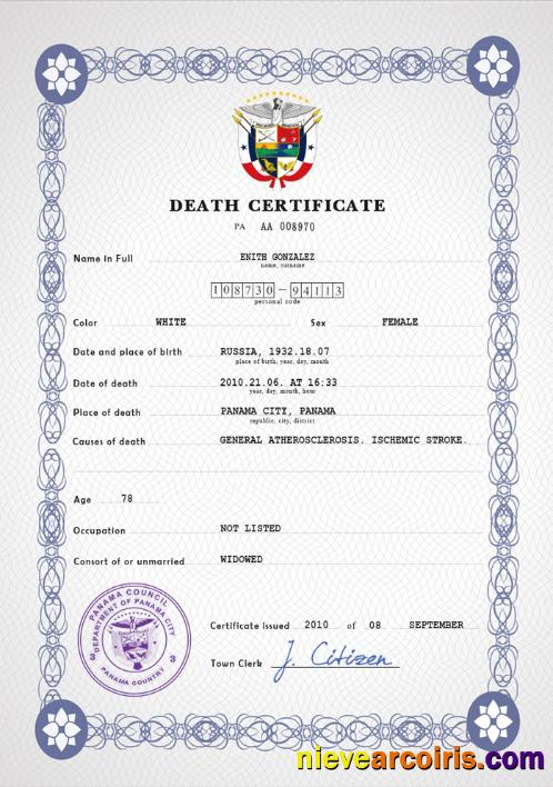 Realistic Panama Vital Record Death Certificate PSD Template