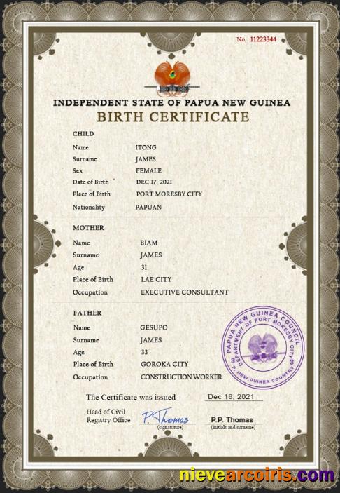 Editable Papua New Guinea Birth Certificate PSD Template