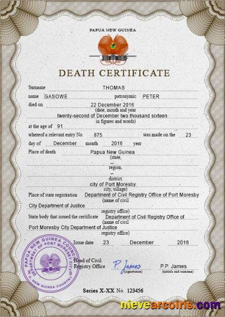 Premium Papua New Guinea Death Certificate PSD Template