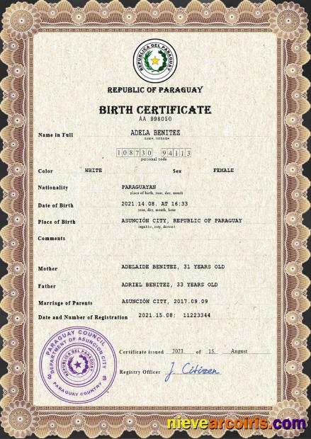 Professional Paraguay Vital Record Birth Certificate PSD Template