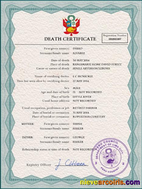 Realistic Peru Death Certificate PSD Template