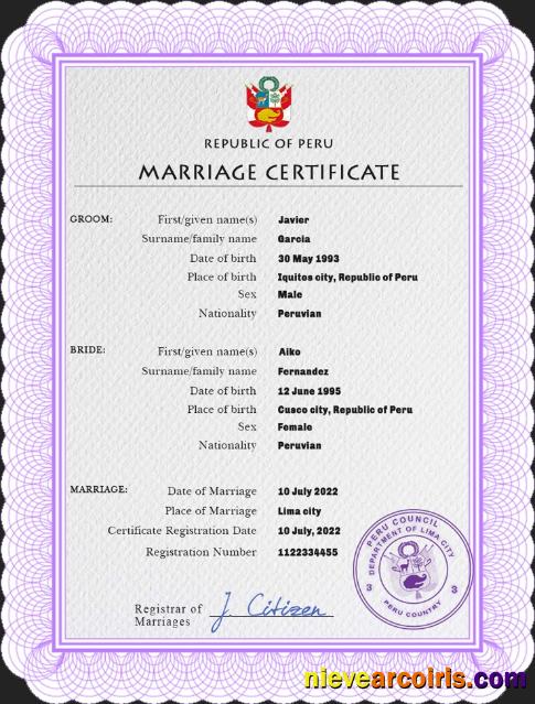 Realistic Peru Marriage Certificate PSD Template